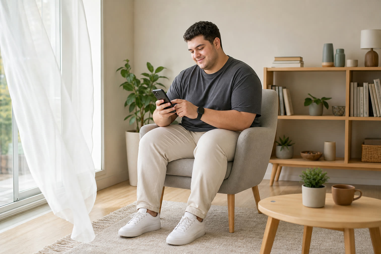 A mid-20s man with a plus-size build setting a weekly reminder on a phone by a sunny window