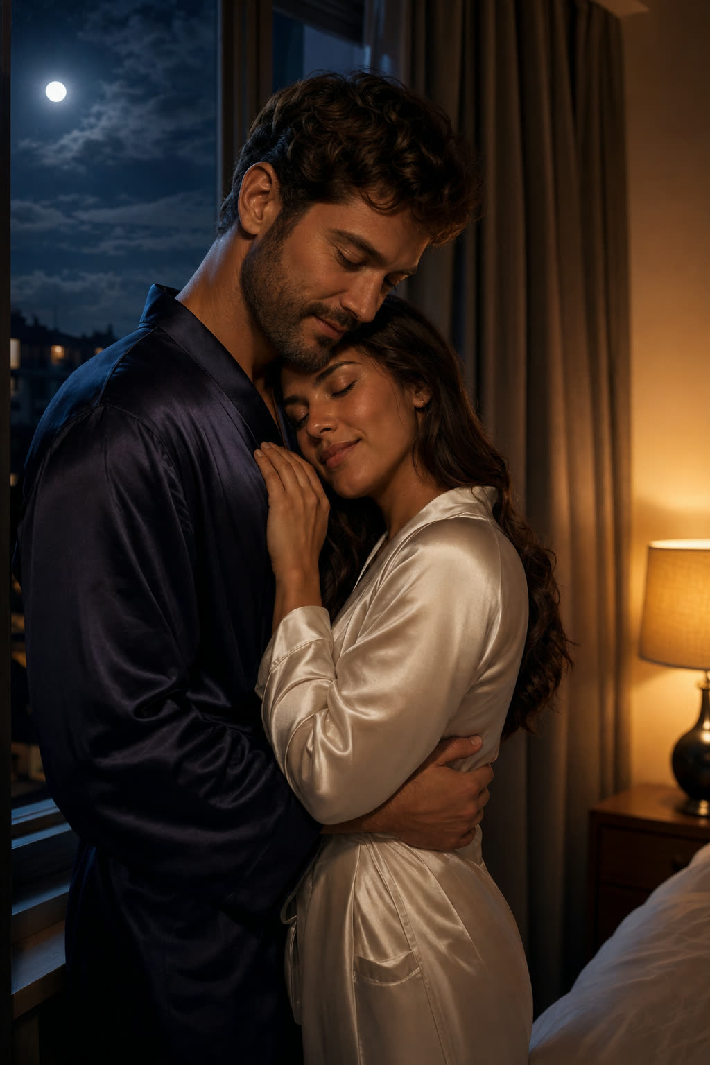 A couple holding each other close at night, her arms around his neck, in warm bronze light