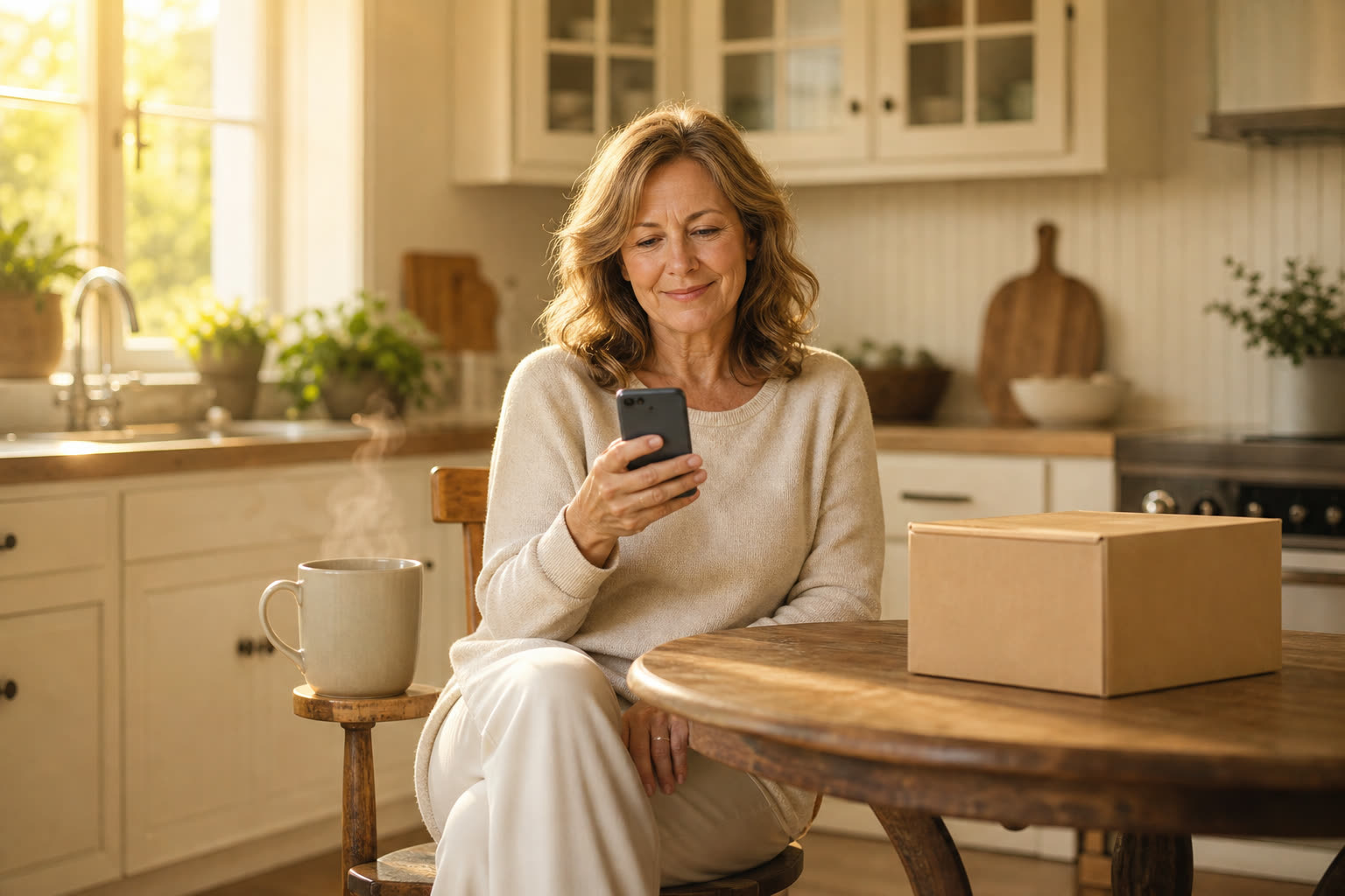 A woman reading a message at a sunlit kitchen table beside a plain unmarked delivery box