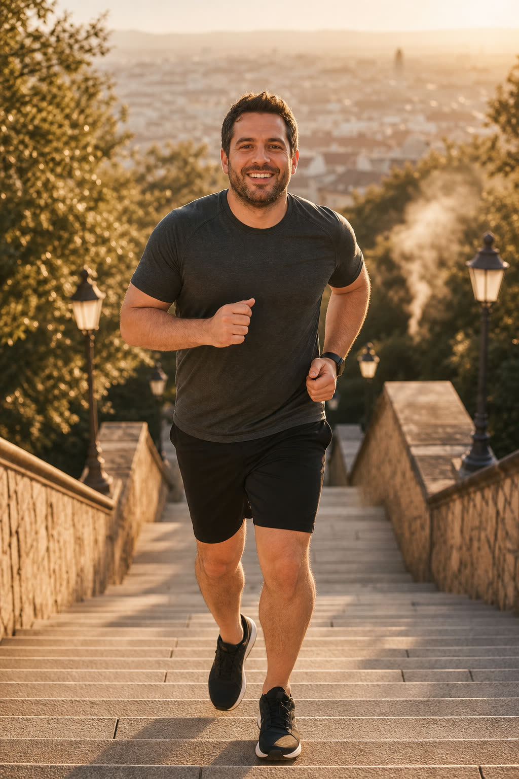 A man with a soft, strong build jogging up sunlit stone steps, smiling