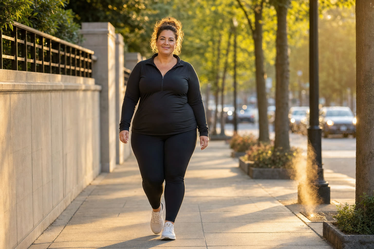 A curvy woman mid-journey walking a golden-hour sidewalk with an easy confident smile