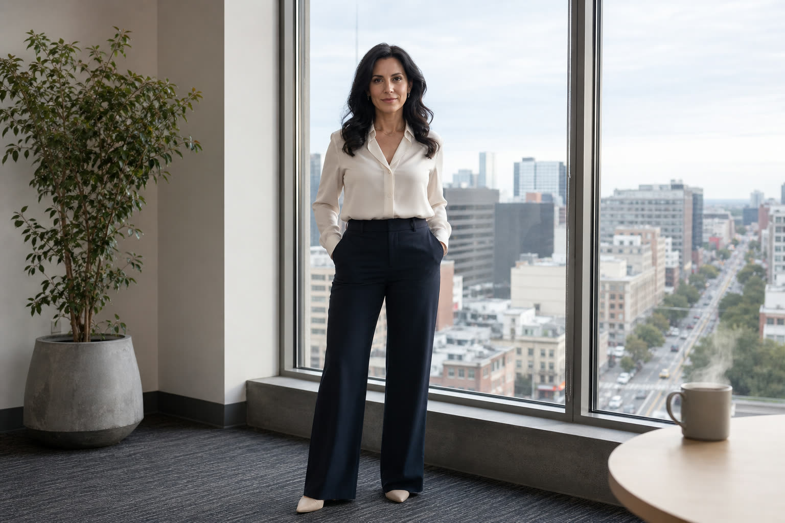 The same woman standing at an office window in cool daytime light