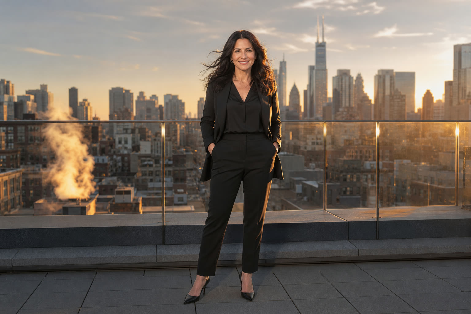 The same woman on a rooftop bathed in golden-hour light, smiling