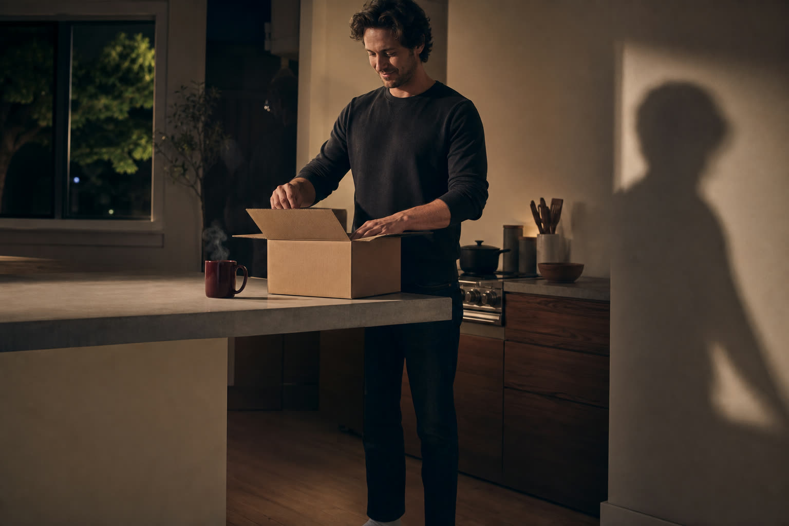 A man in his 30s opening a plain unmarked delivery box at a kitchen counter at night in warm light