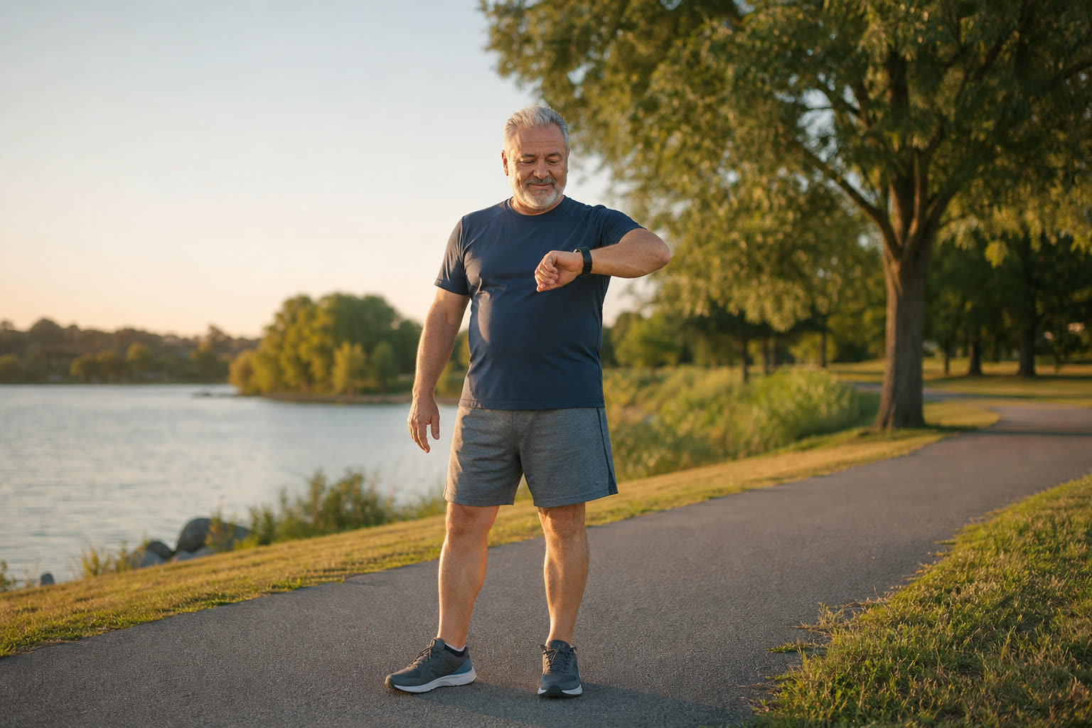 A 60s man with a plus-size build checking a smartwatch after a walk, satisfied with the number