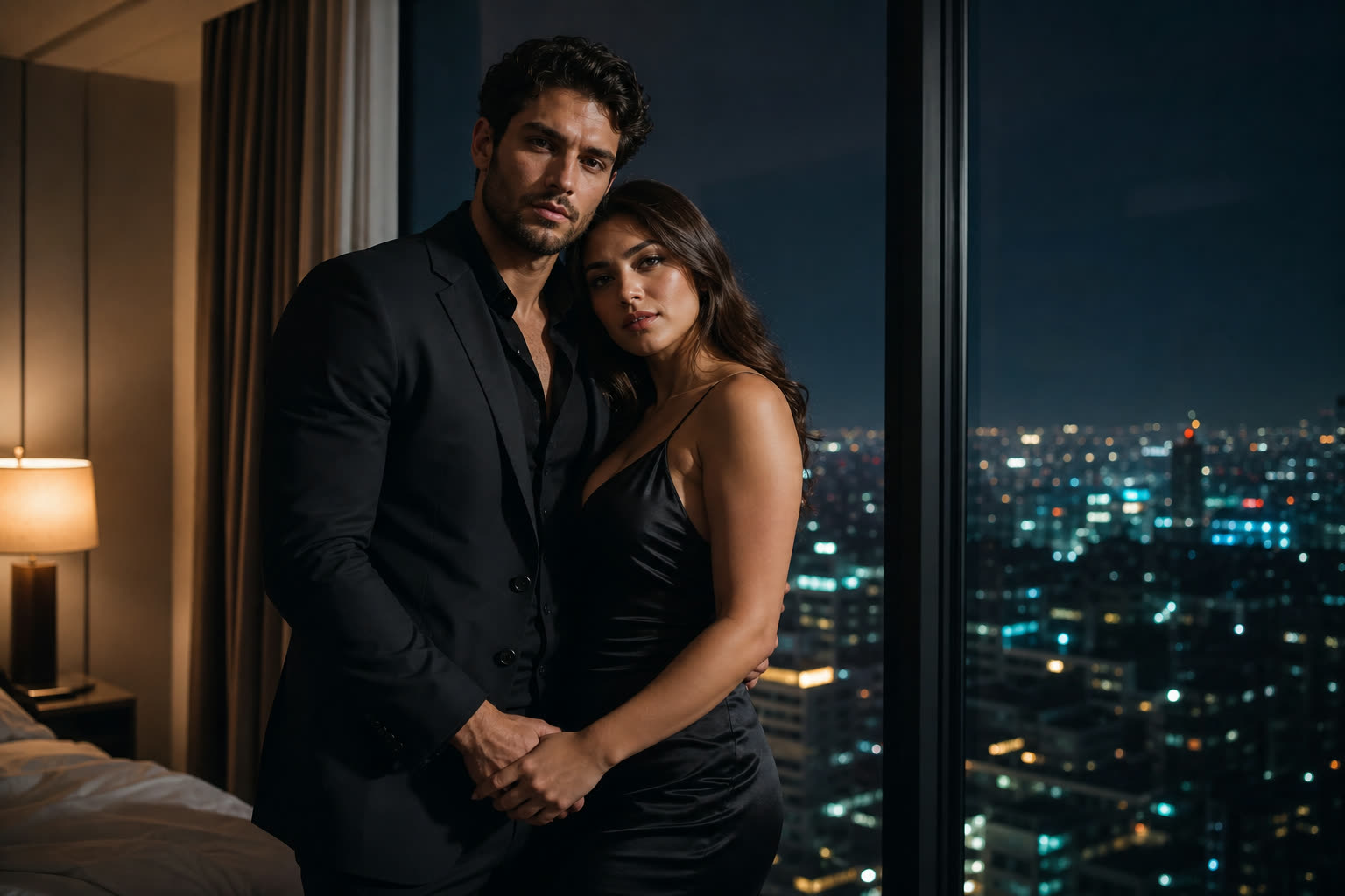 A couple standing entwined beside a tall bedroom window, city lights far below