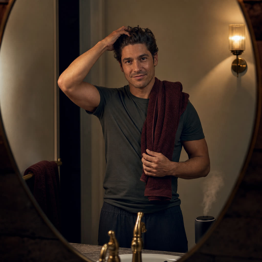 A man in his 30s working treatment through his thick dark hair at a mirror at night in warm light