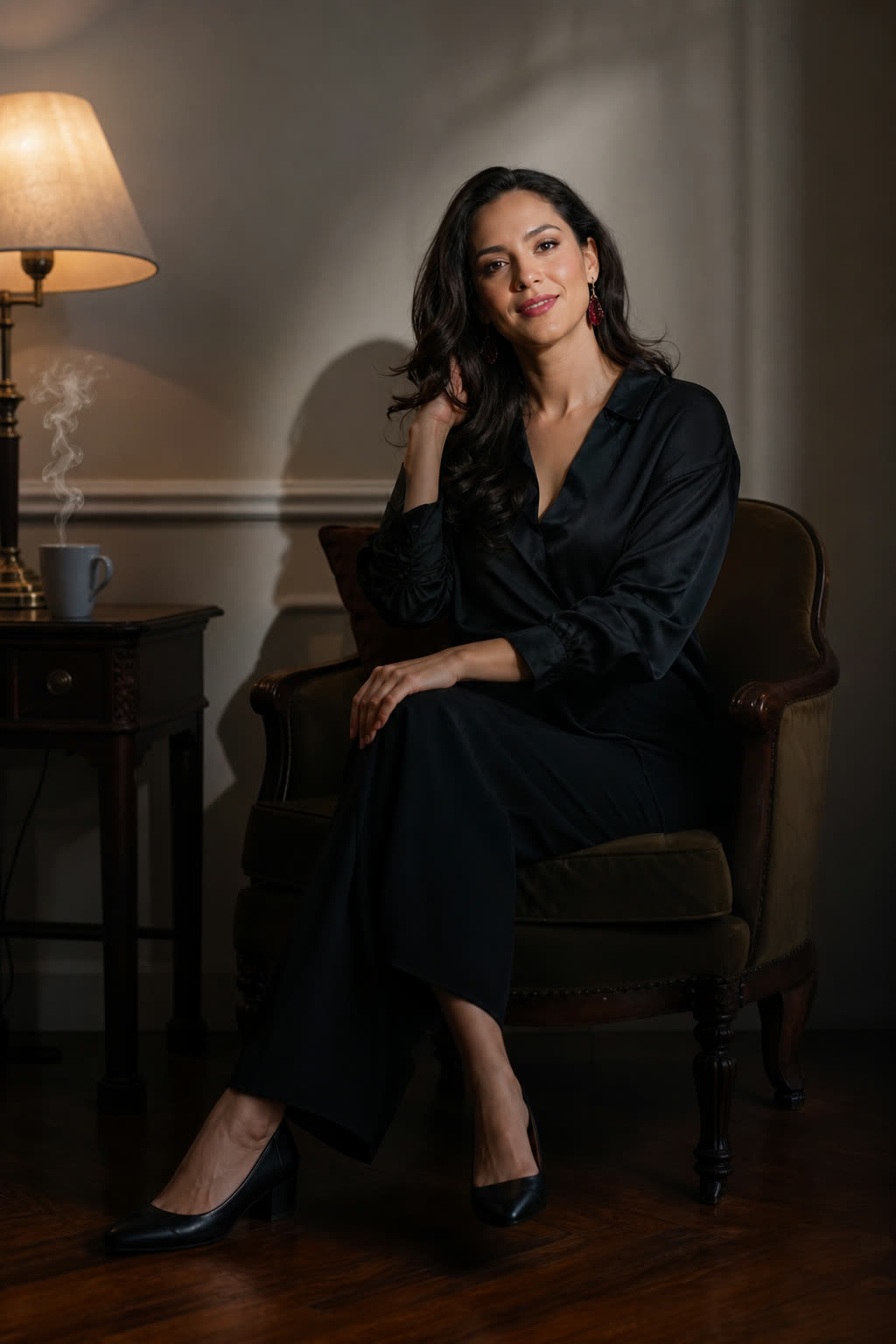 A woman in her 30s with glossy dark waves lit by warm lamplight at night