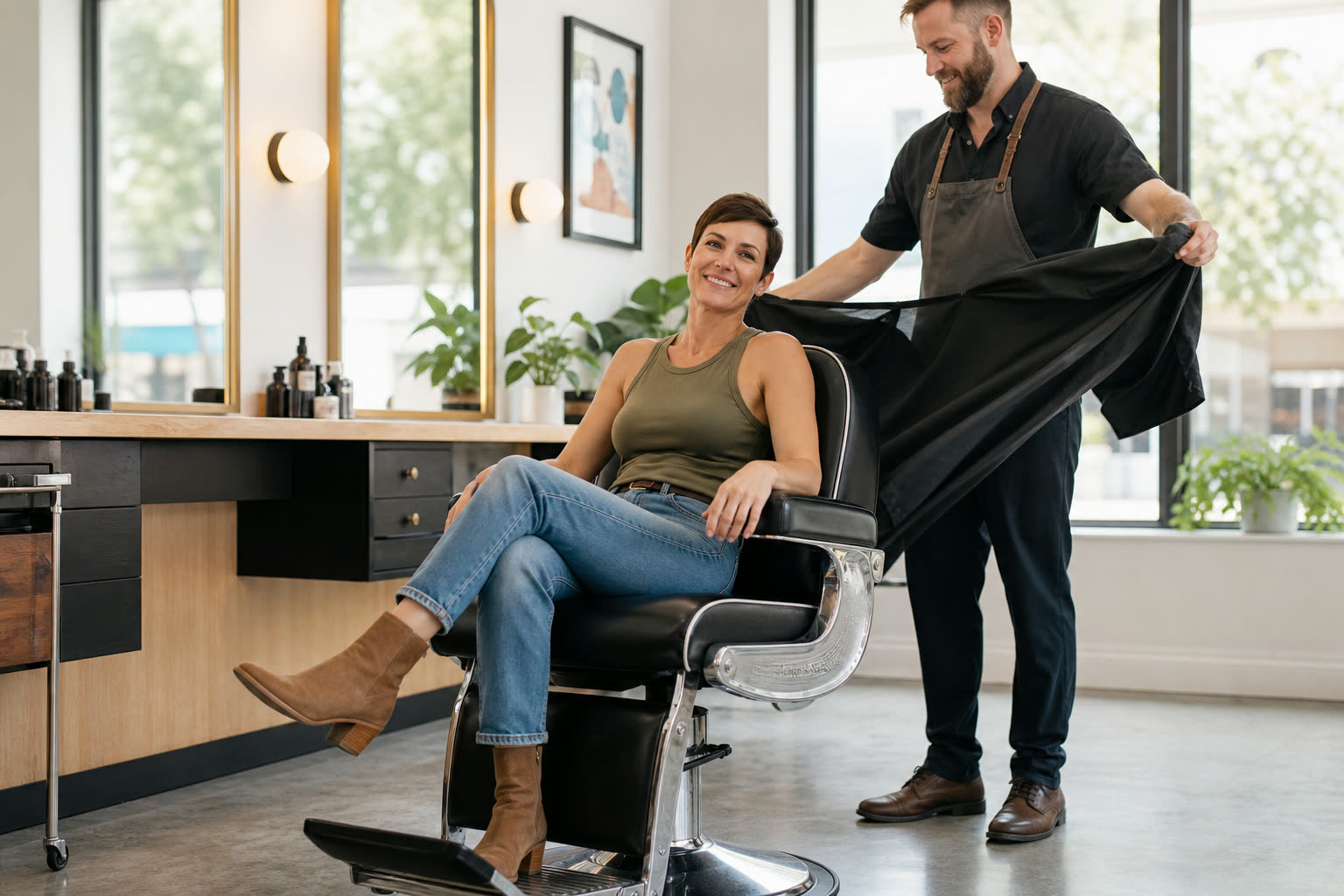 A 40s woman with a athletic build leaning back in a barber chair as the cape is pulled away, grinning