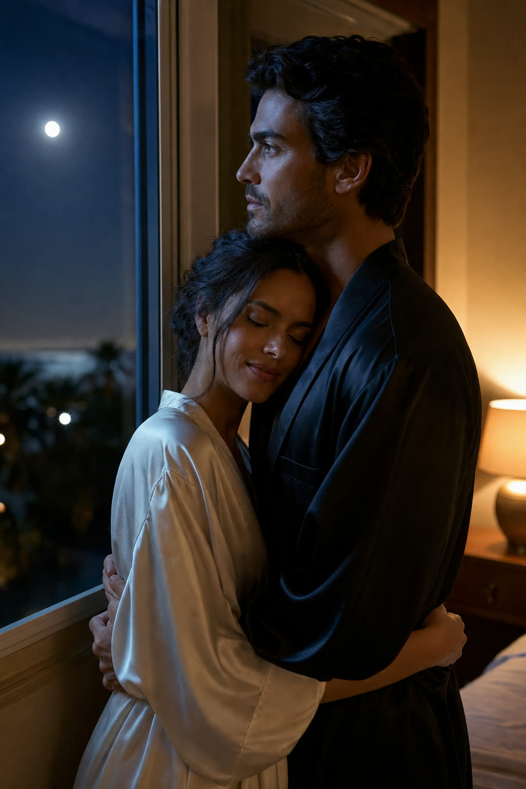 A couple in evening wear dancing very close, cheek to cheek, under a warm streetlight at night