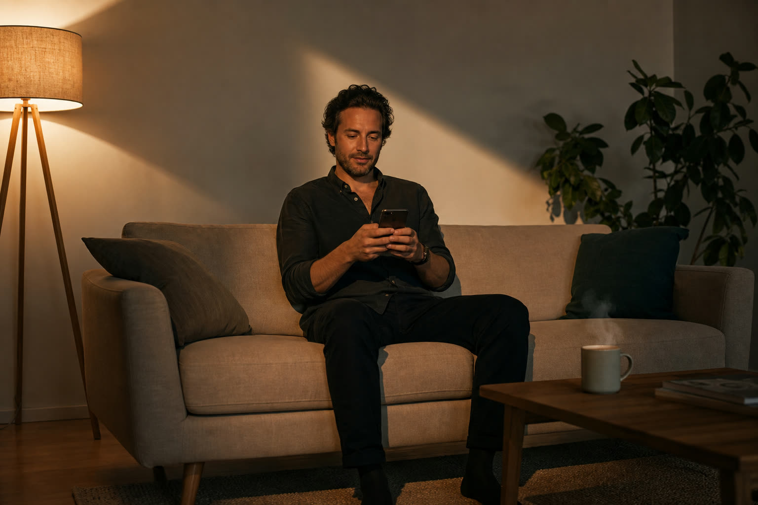 A man in his 30s on his sofa late in the evening completing a short questionnaire on his phone