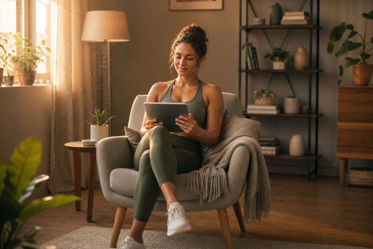 A late 20s woman with a fit muscular build reading their plan summary on a tablet in an armchair, nodding