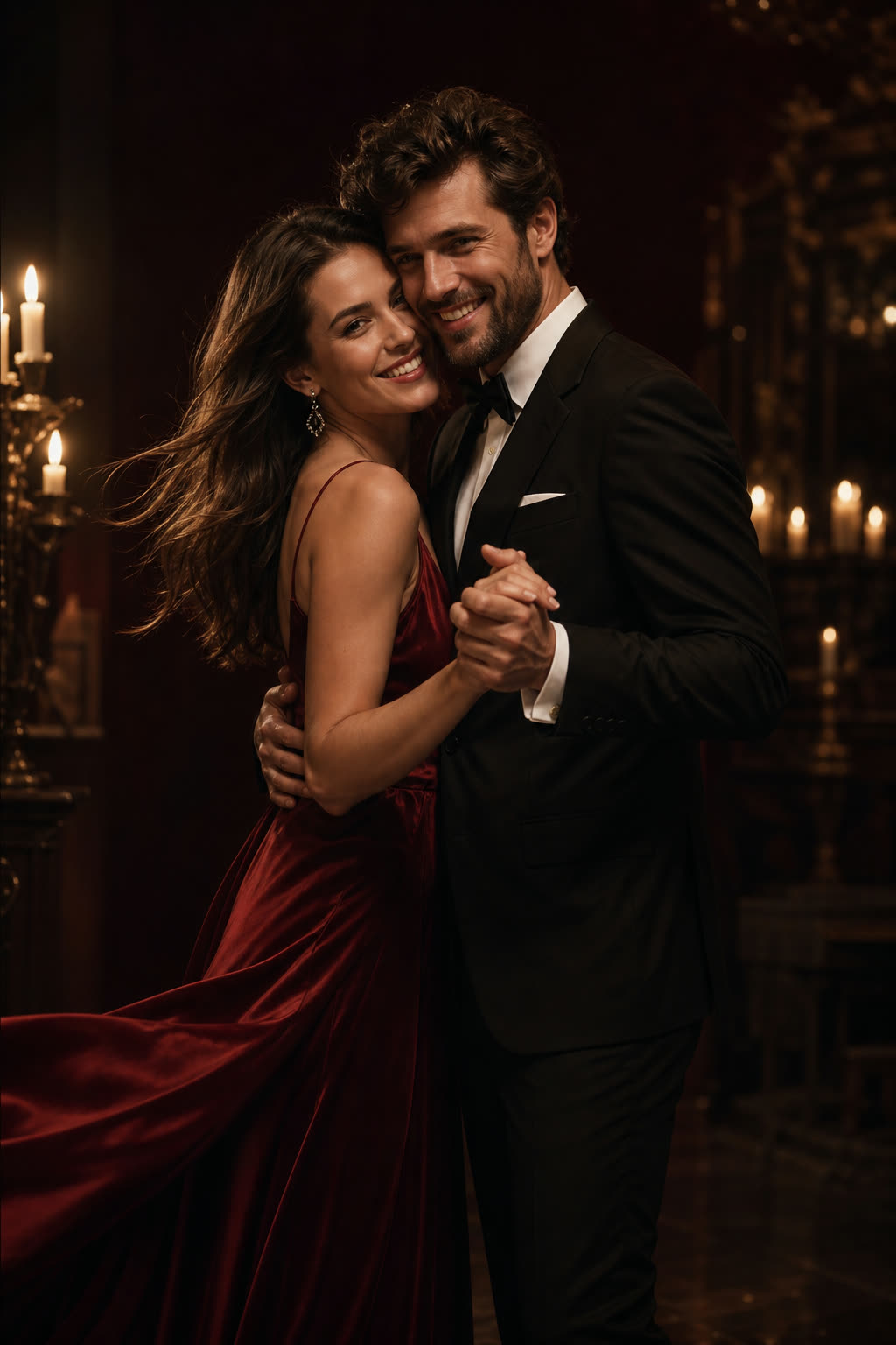 A couple close together in a dim bedroom at night, foreheads touching, warm oxblood rim light