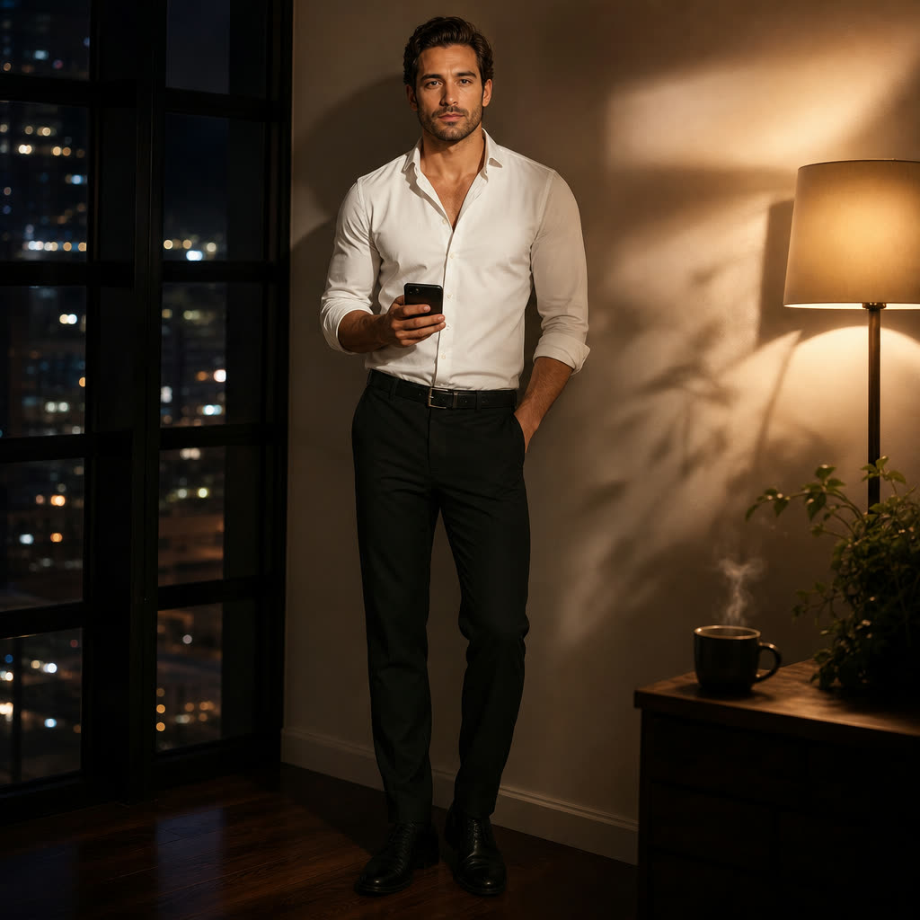 A man in his 30s by a tall night window, answering questions on his phone in warm lamplight
