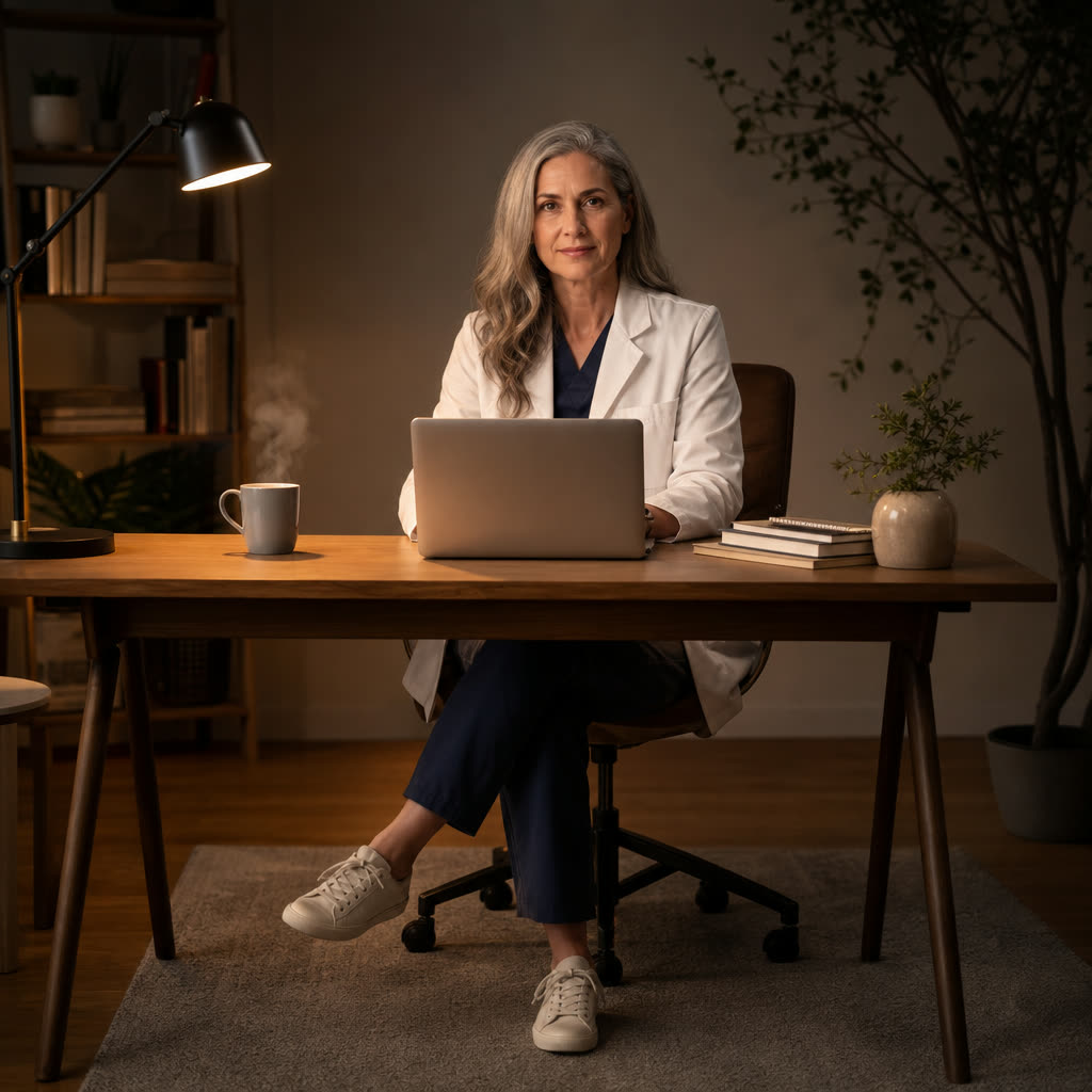 A clinician in her 50s reviewing notes at a warm lamp-lit desk in the evening