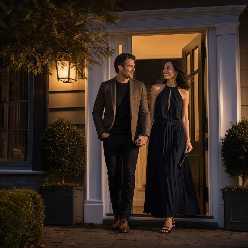 A couple dressed for the evening stepping out their front door into the night, holding hands