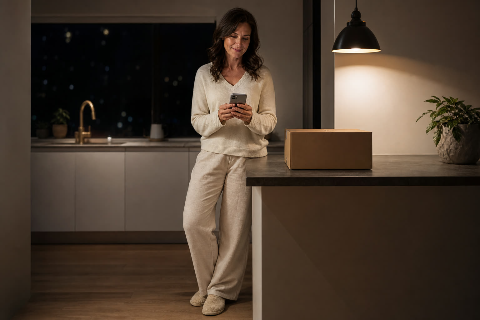 A woman in her 40s reading a reassured message at a dim kitchen counter at night beside a plain unmarked box
