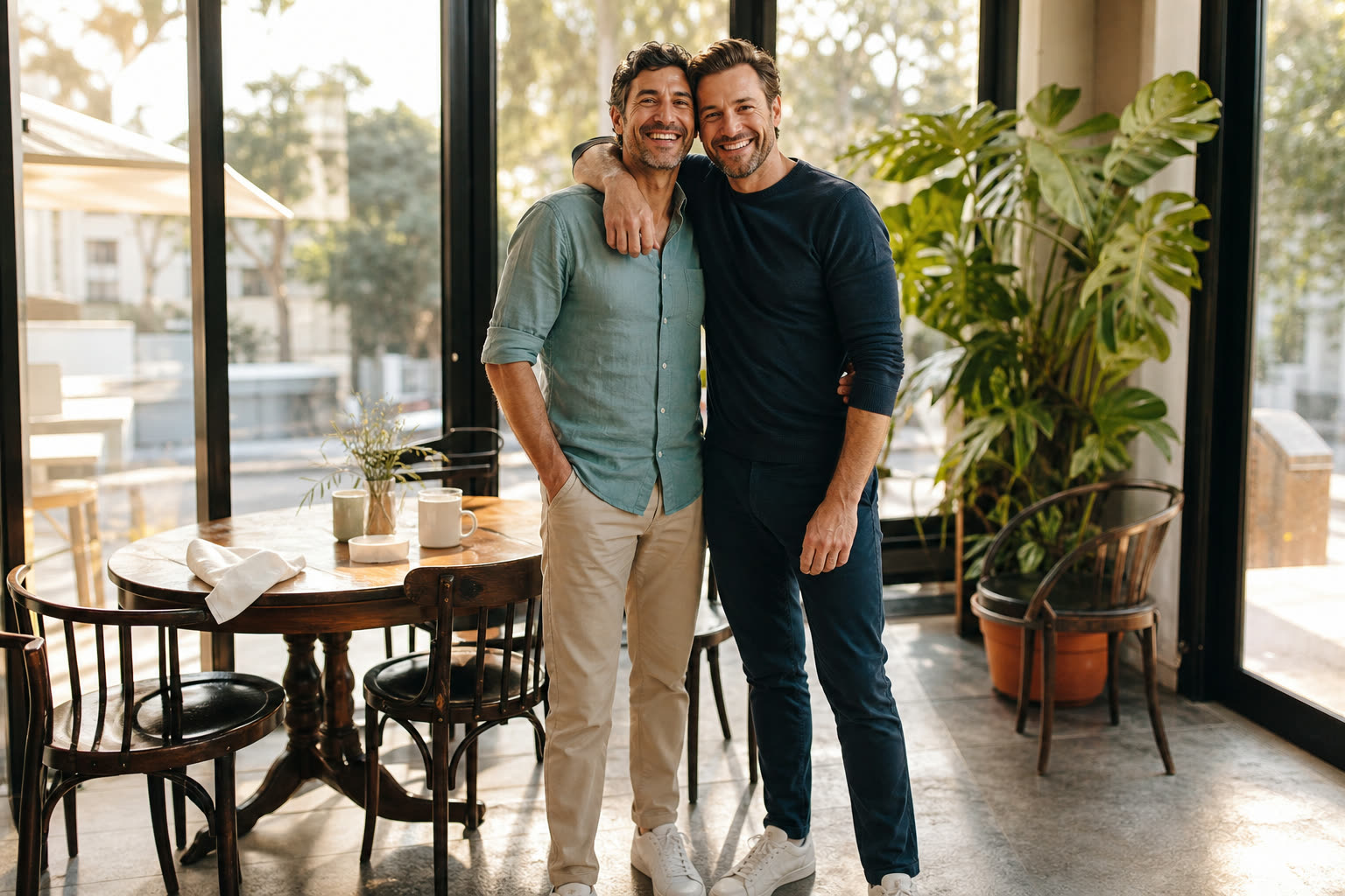 A 40s man with a lean build being hugged by a friend after sharing good progress news at a cafe table