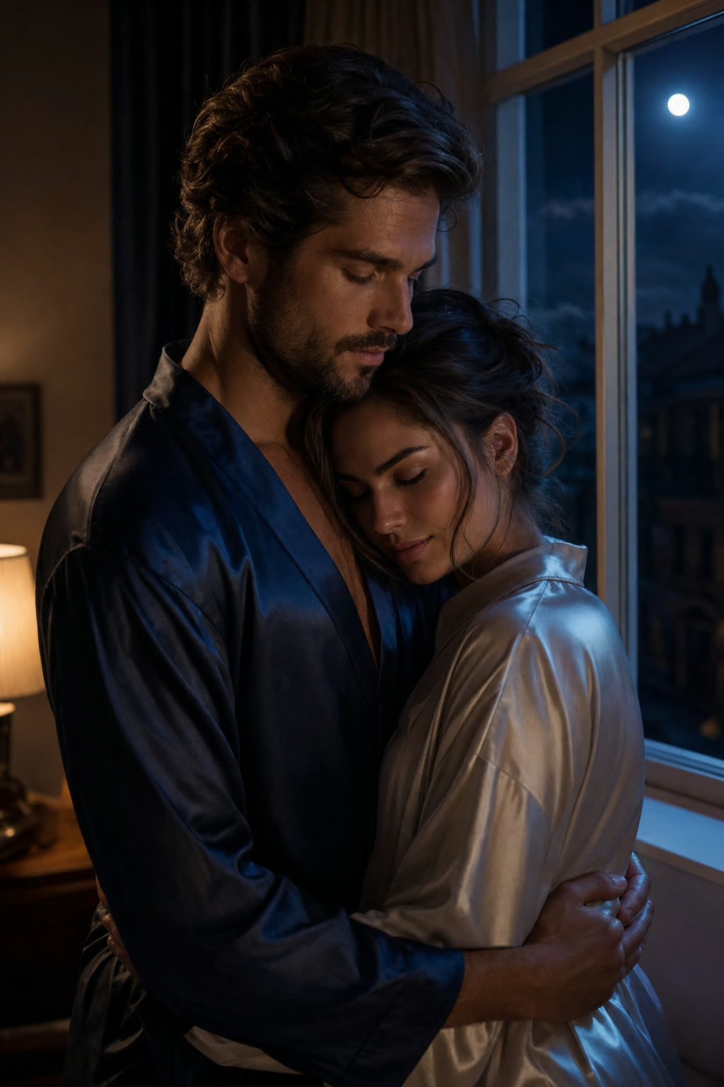 A couple dancing very close, cheek to cheek, under a warm lamp at night