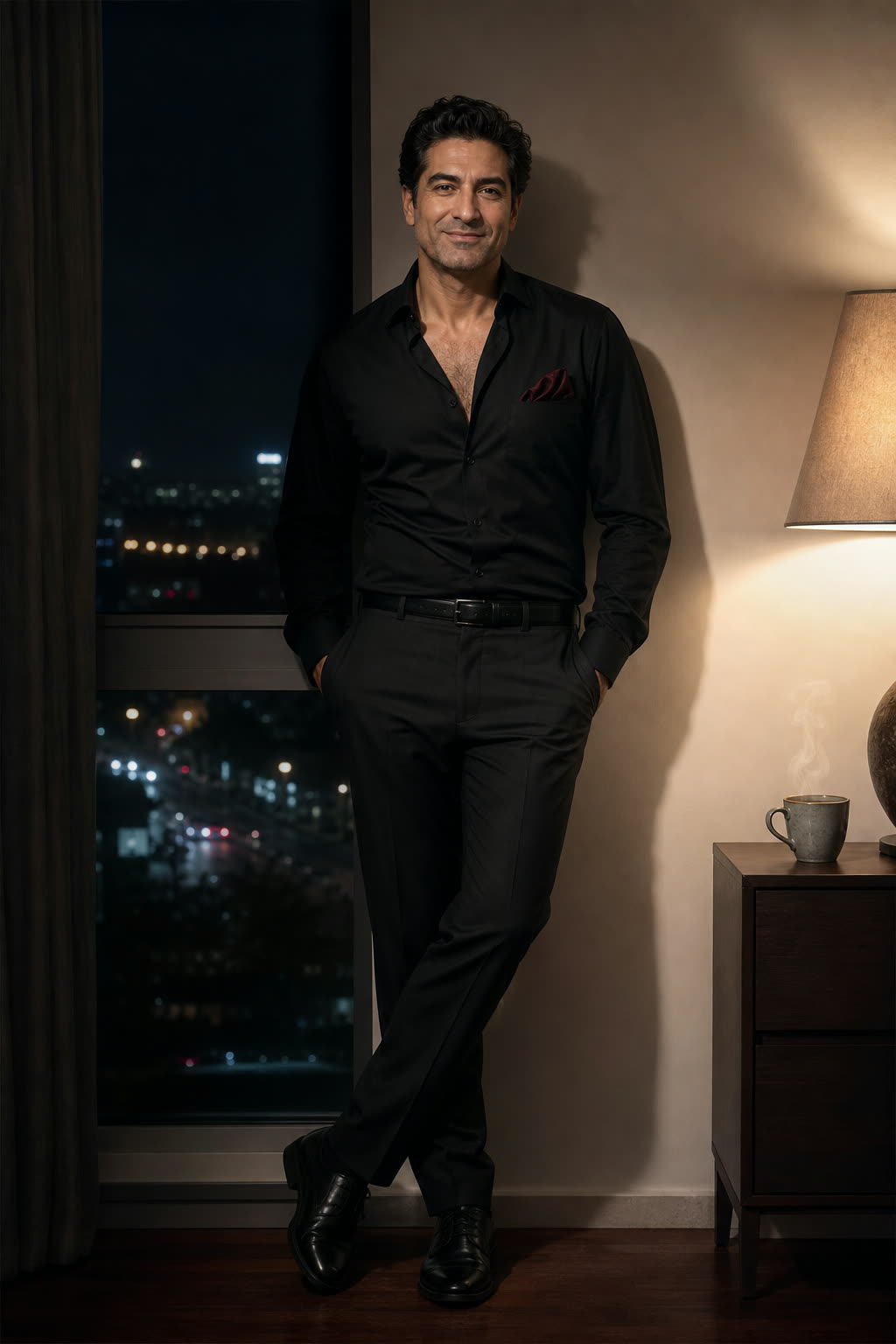 A man in his early 40s with thick dark hair lit by warm lamplight beside a night window