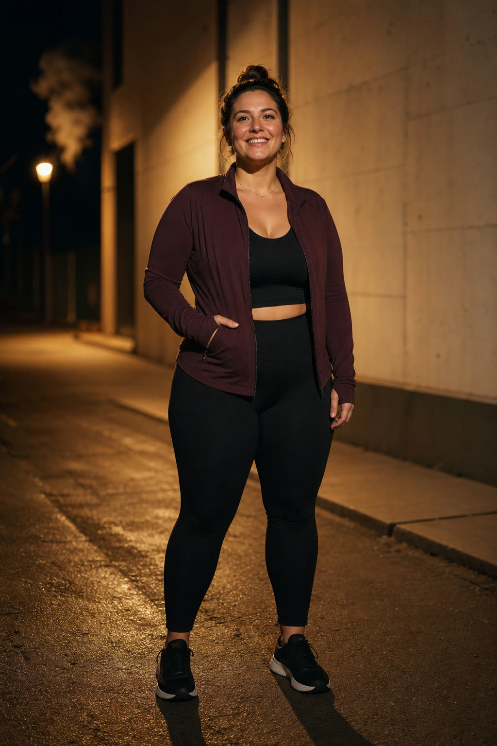 A woman in her late 20s in an oxblood jacket smiling under a warm streetlight on a night walk