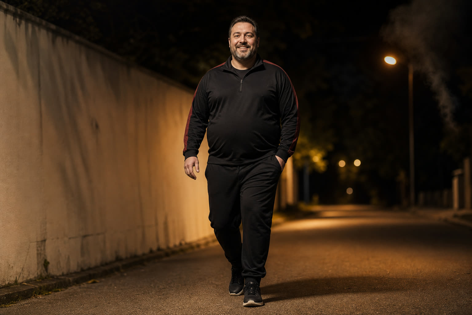 A man in his 40s a bit heavy and early on his journey, on an easy evening walk through warm streetlight