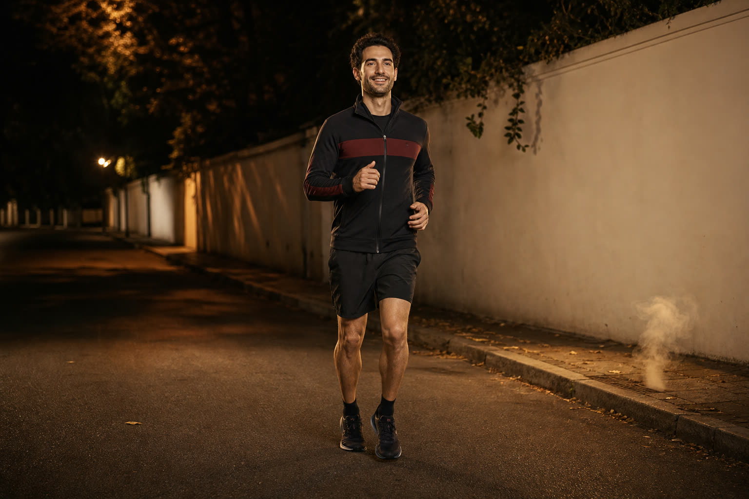 A man in his 30s running through pools of warm streetlight along a white wall at night