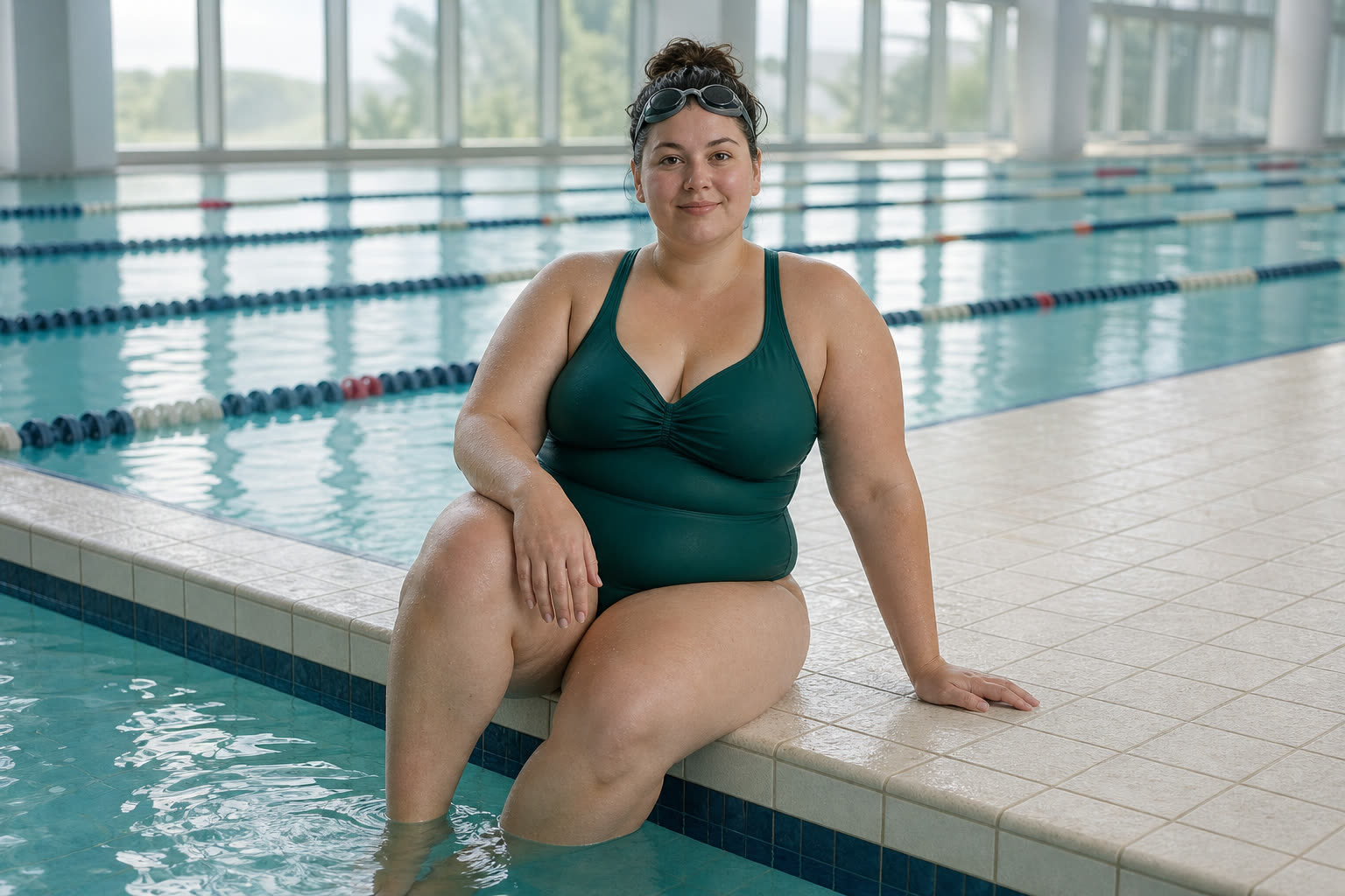 A late 20s woman with a plus-size build resting at a pool edge after laps, goggles pushed up, glowing