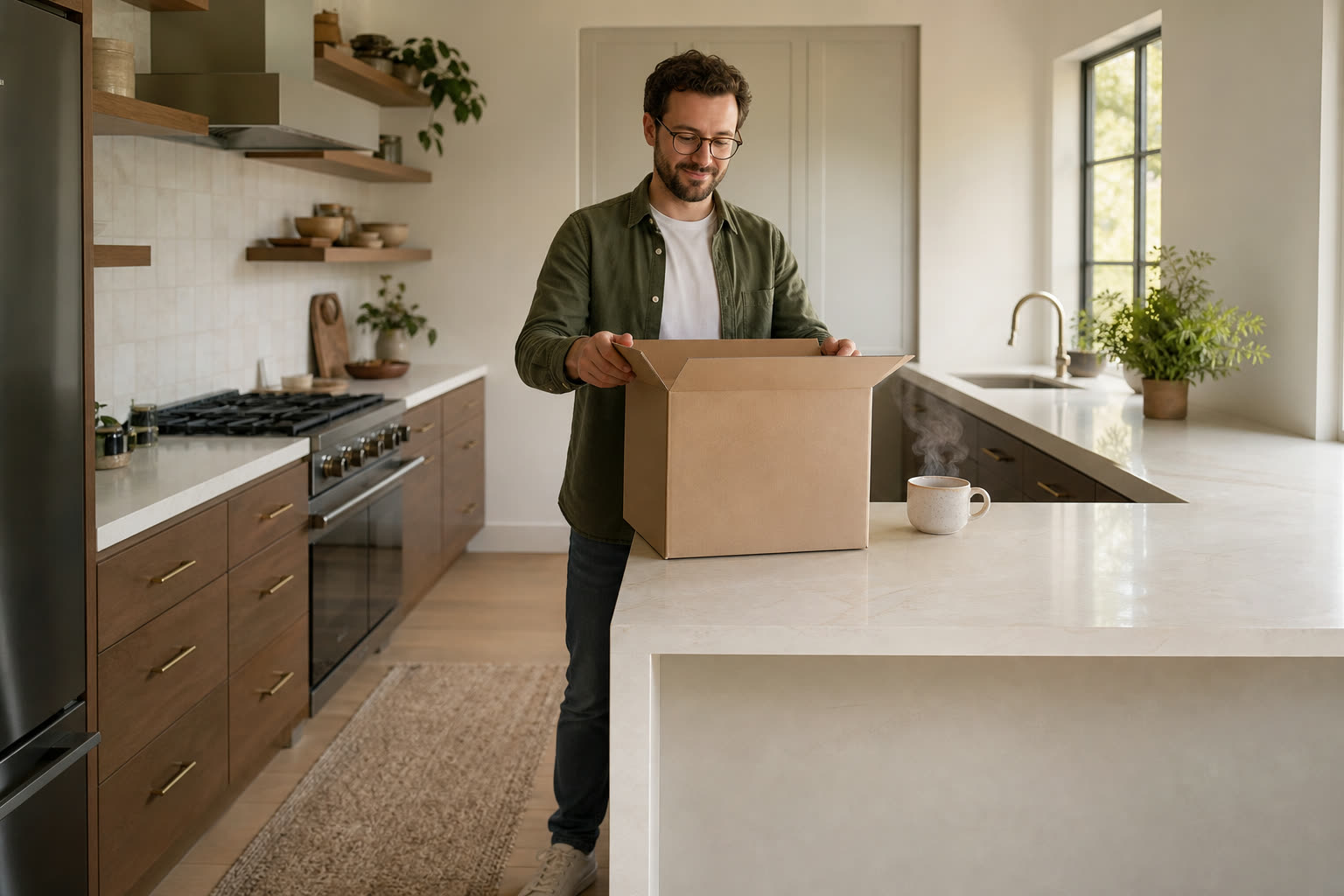 A man with glasses opening a plain unmarked delivery box at his kitchen counter, tea steaming beside him