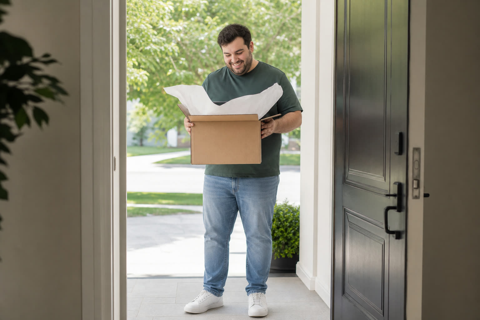 A mid-20s man with a plus-size build opening a plain unmarked delivery box at their front door, pleased