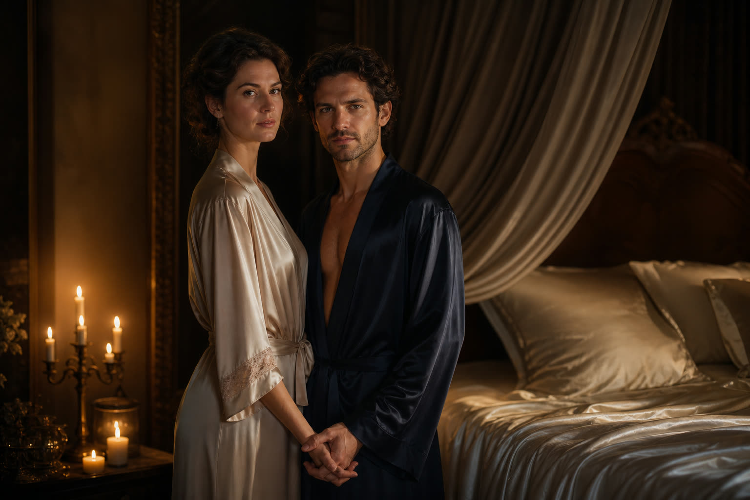 A couple beside a silk-draped bed in candlelight