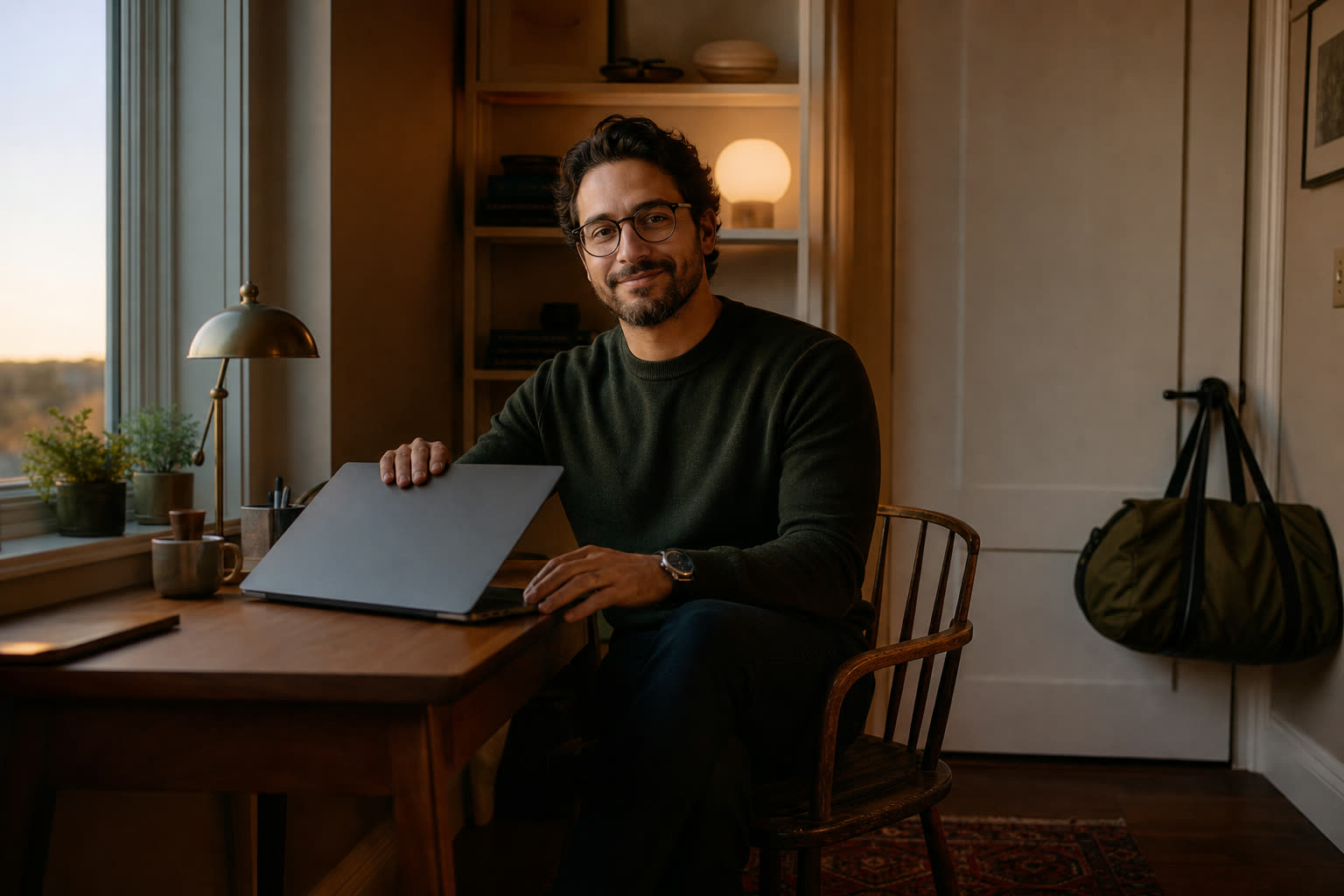 A man with glasses closing his laptop at dusk, a packed gym bag waiting by the door