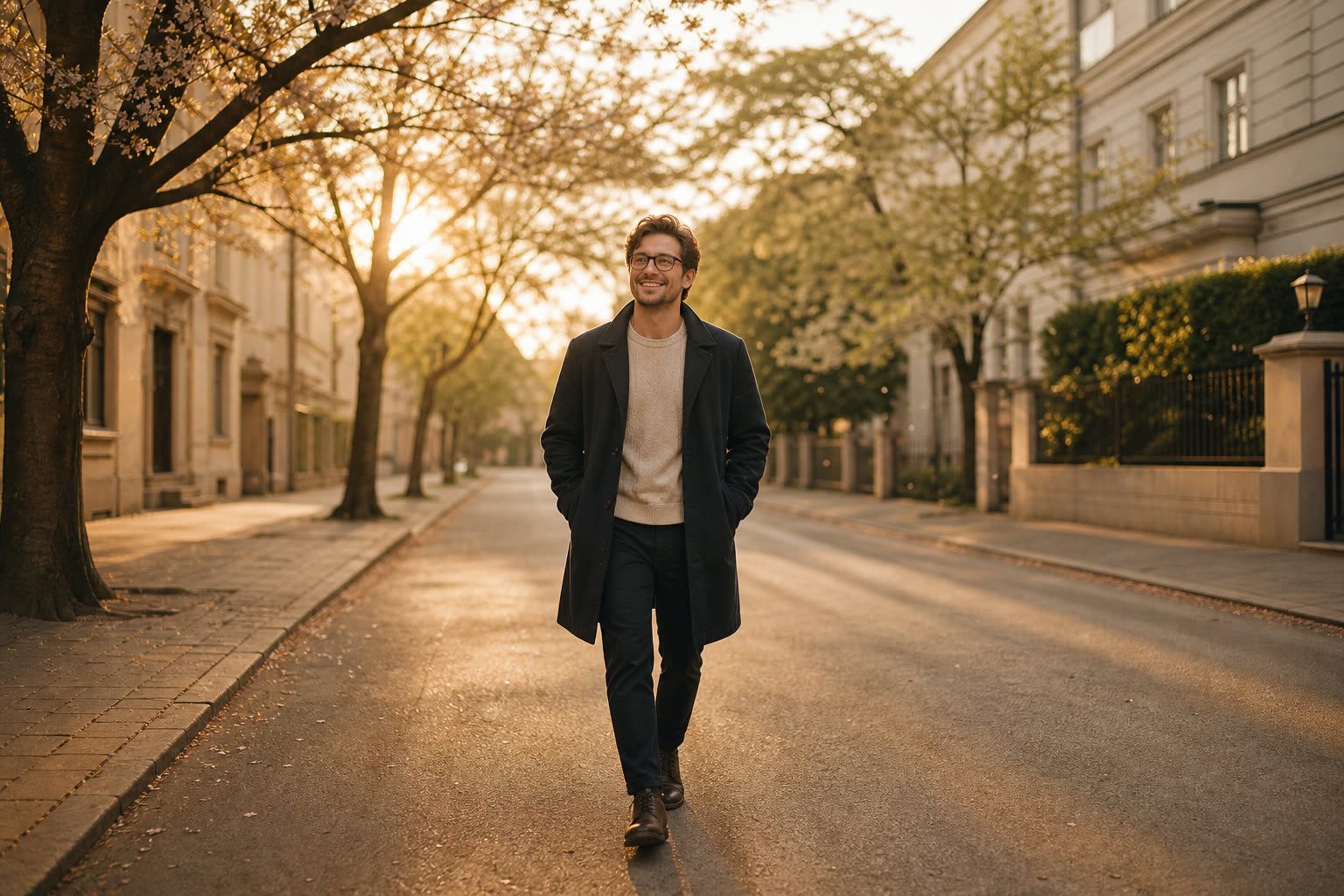 A man with glasses walking a quiet morning street with a spring in his step, grinning to himself