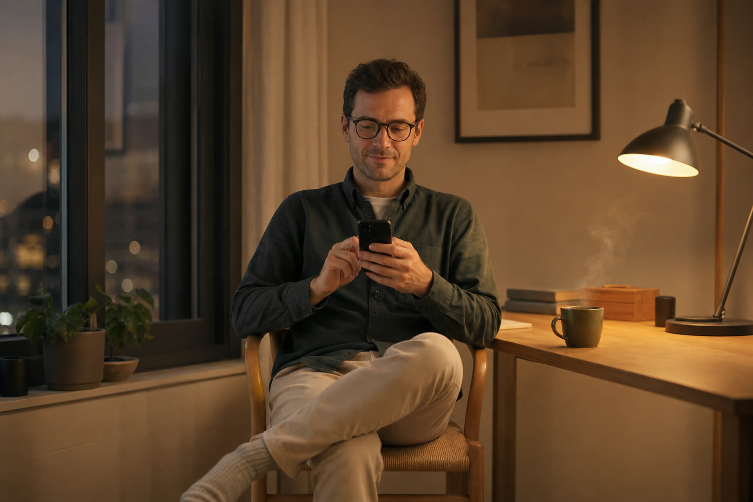 A man with glasses at his window desk completing a short questionnaire on his phone