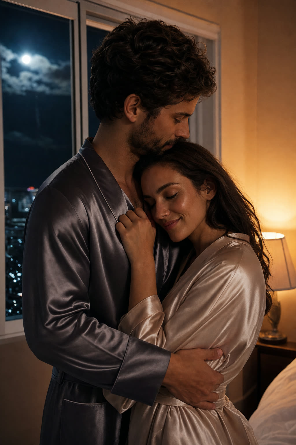 A couple holding each other close at night, her arms around his neck, in warm bronze light