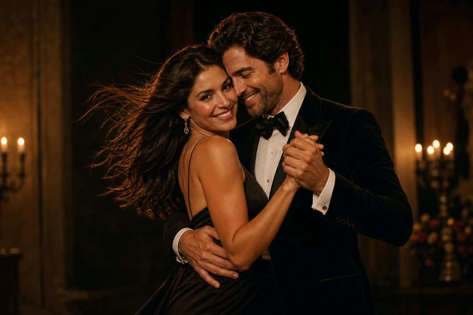 A couple dancing very close at home at night, foreheads touching, rain on the window behind them, in warm bronze light