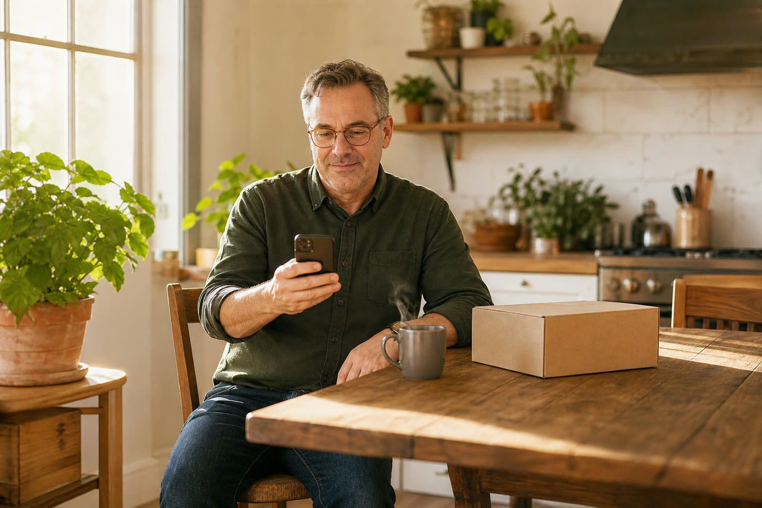 A man with glasses reading a message at a sunlit kitchen table beside a plain unmarked delivery box