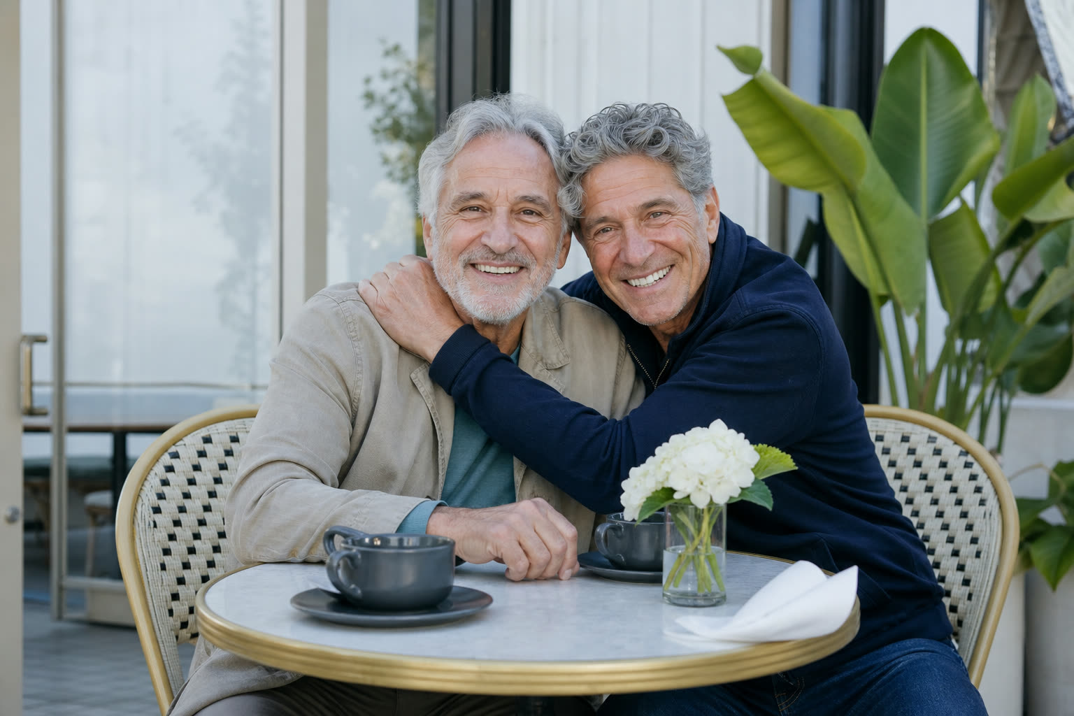 A 60s man with a lean build being hugged by a friend after sharing good progress news at a cafe table