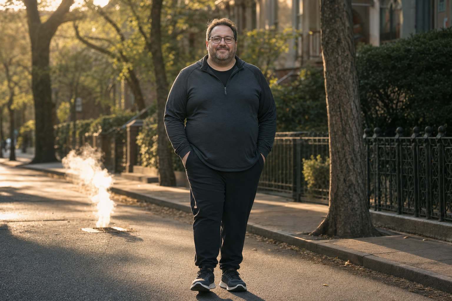 A heavier man with glasses mid-journey walking a quiet morning street with a calm smile