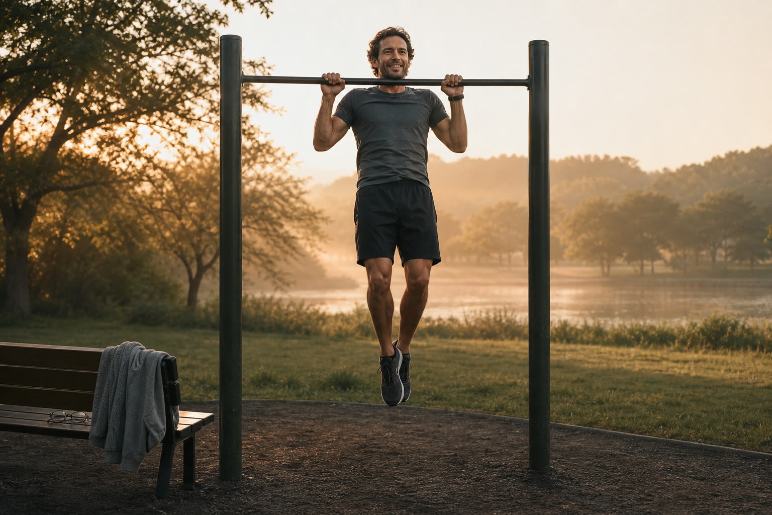 A man doing pull-ups at a park bar at dawn, his cardigan and glasses folded on the bench