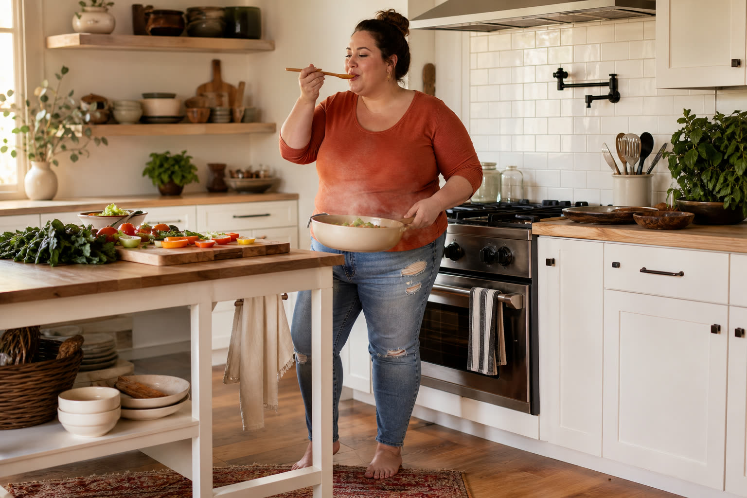 A late 30s woman with a broad and solid build cooking a colorful fresh meal in a bright kitchen, tasting from a wooden spoon