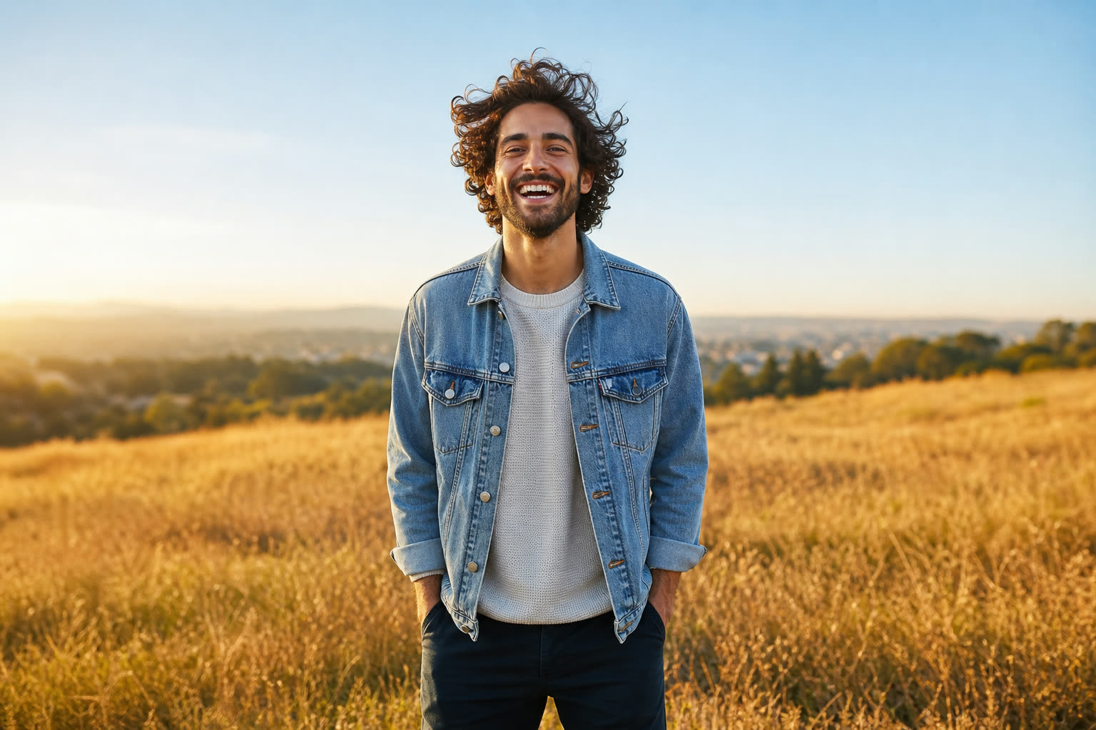 A man rakes his fingers through his thick hair in warm daylight, grinning at how good it feels