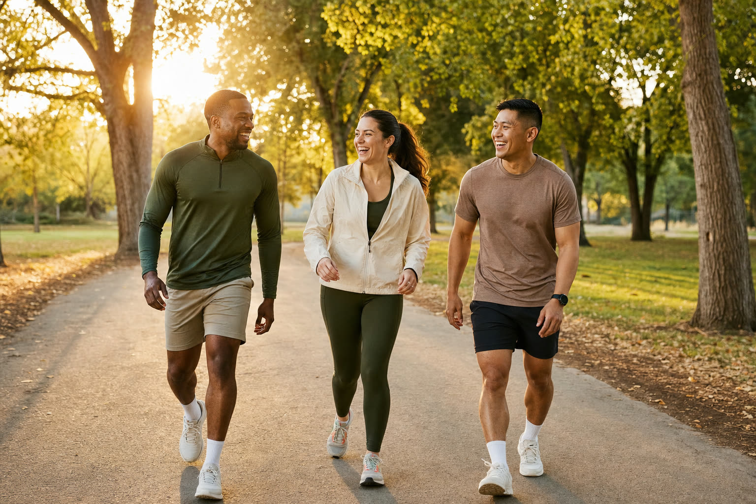A smiling person in athletic wear steps out the front door into bright morning light, ready to move