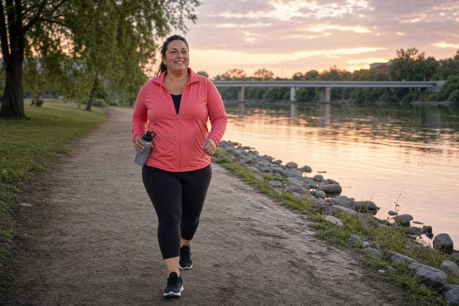 A woman ties her running shoes on the front steps at sunrise, focused and ready for a morning walk