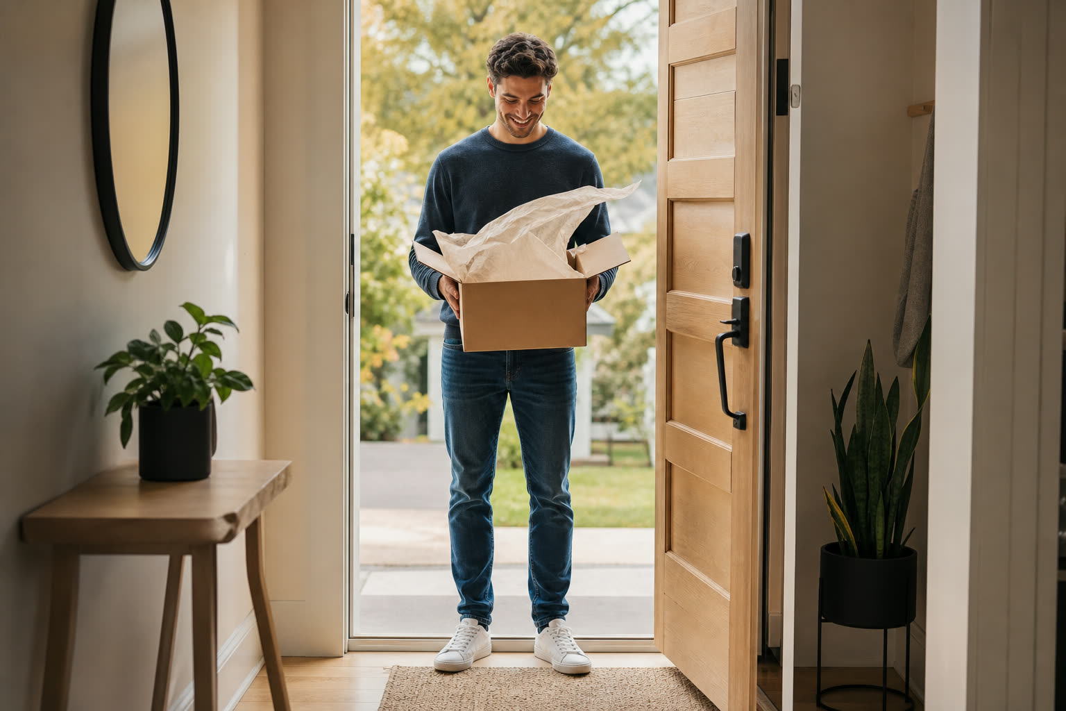 A mid-20s man with a lean build opening a plain unmarked delivery box at their front door, pleased