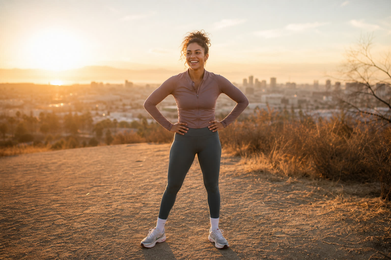 A runner cooling down at dawn, hands on hips, laughing in the gold light