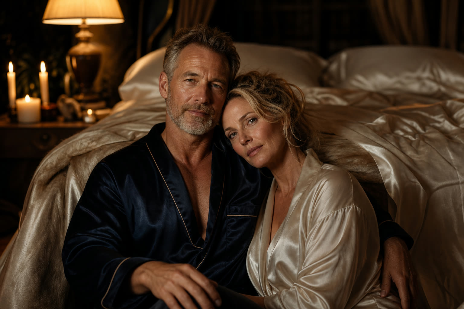 A couple beside a silk-draped bed in candlelight