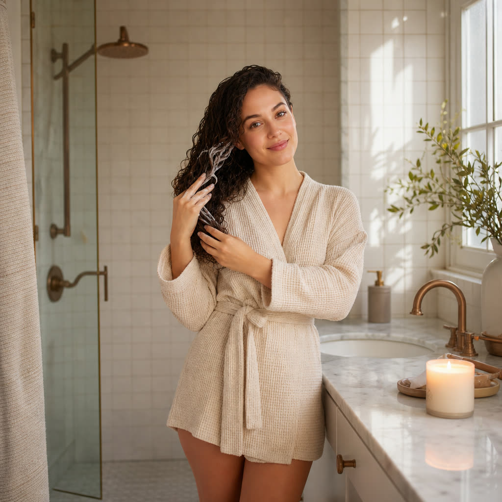 A woman working a treatment through her curls at the bathroom counter, calm in morning light