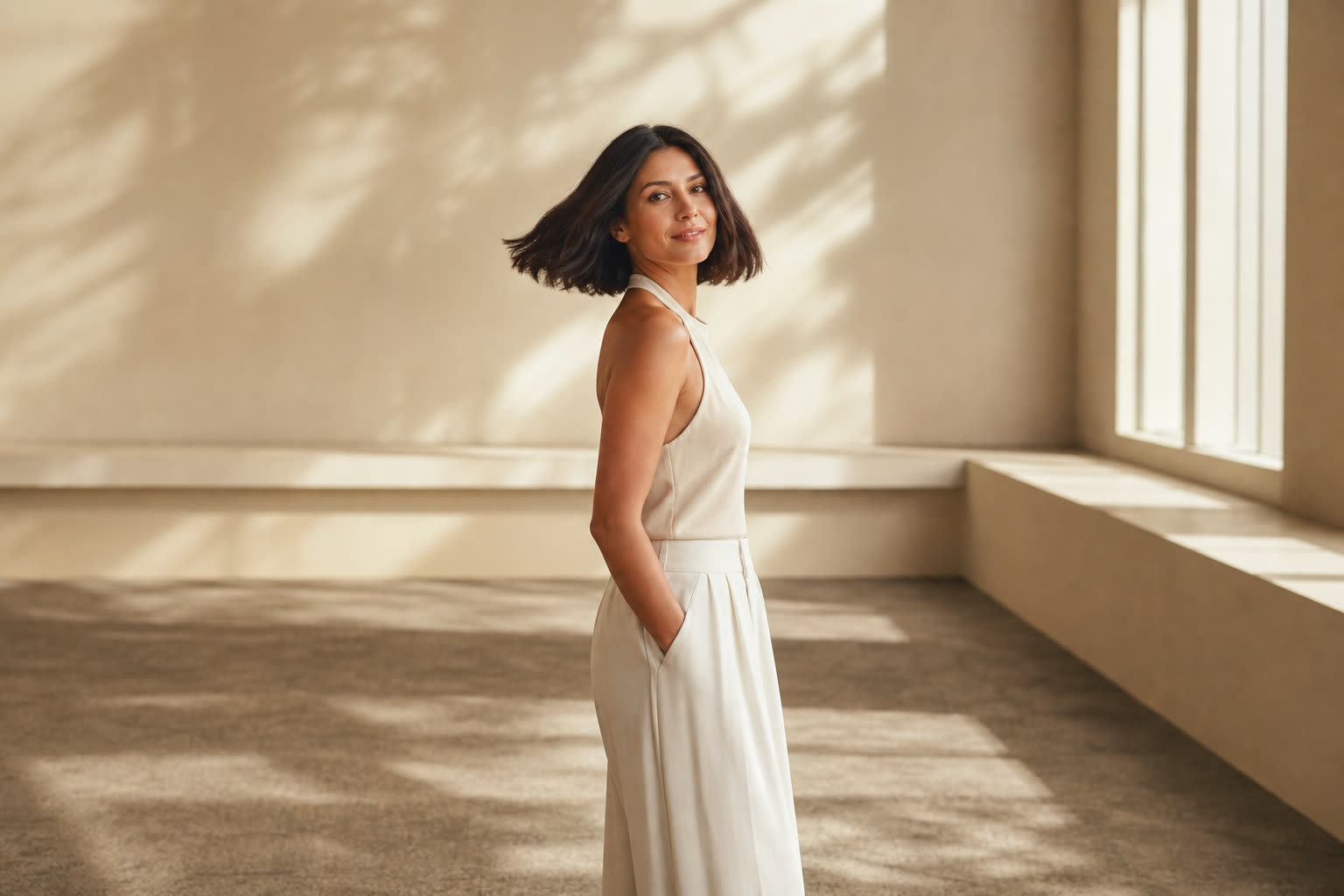 A slender woman in her 30s with a glossy dark bob catching the light as she turns