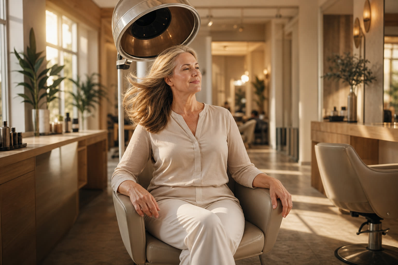 A 60s woman with a soft curvy build mid-blowout in a salon, head tilted back slightly
